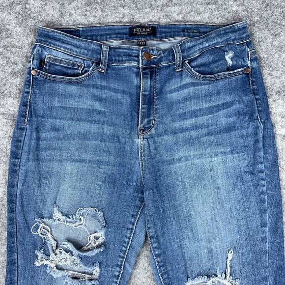 Judy Blue Jeans Womens 15 32‎ Skinny Fit Blue Distressed Raw Hem Stretch Denim - Picture 2 of 14